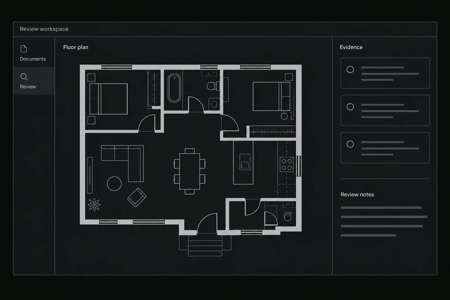 An illustrative wireframe of a document review workspace
